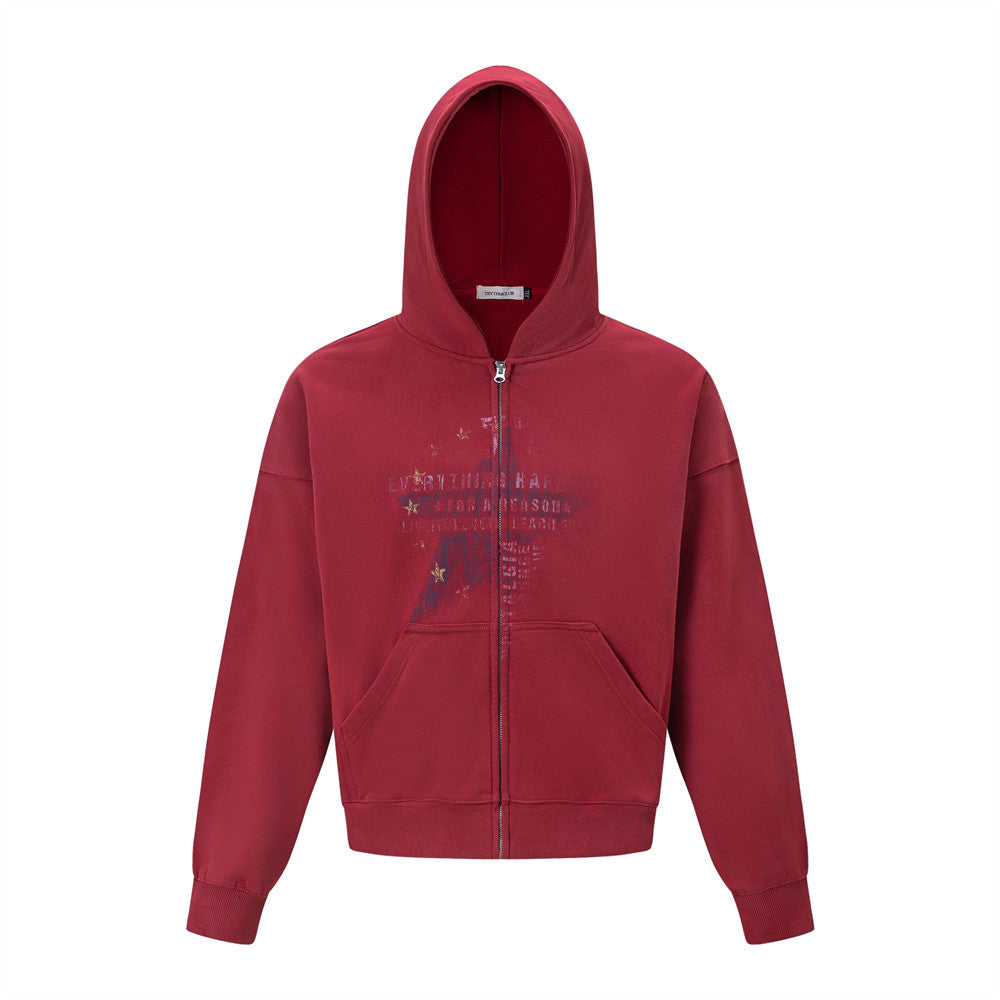 Five pointed star printed loose hooded cardigan sweatshirt