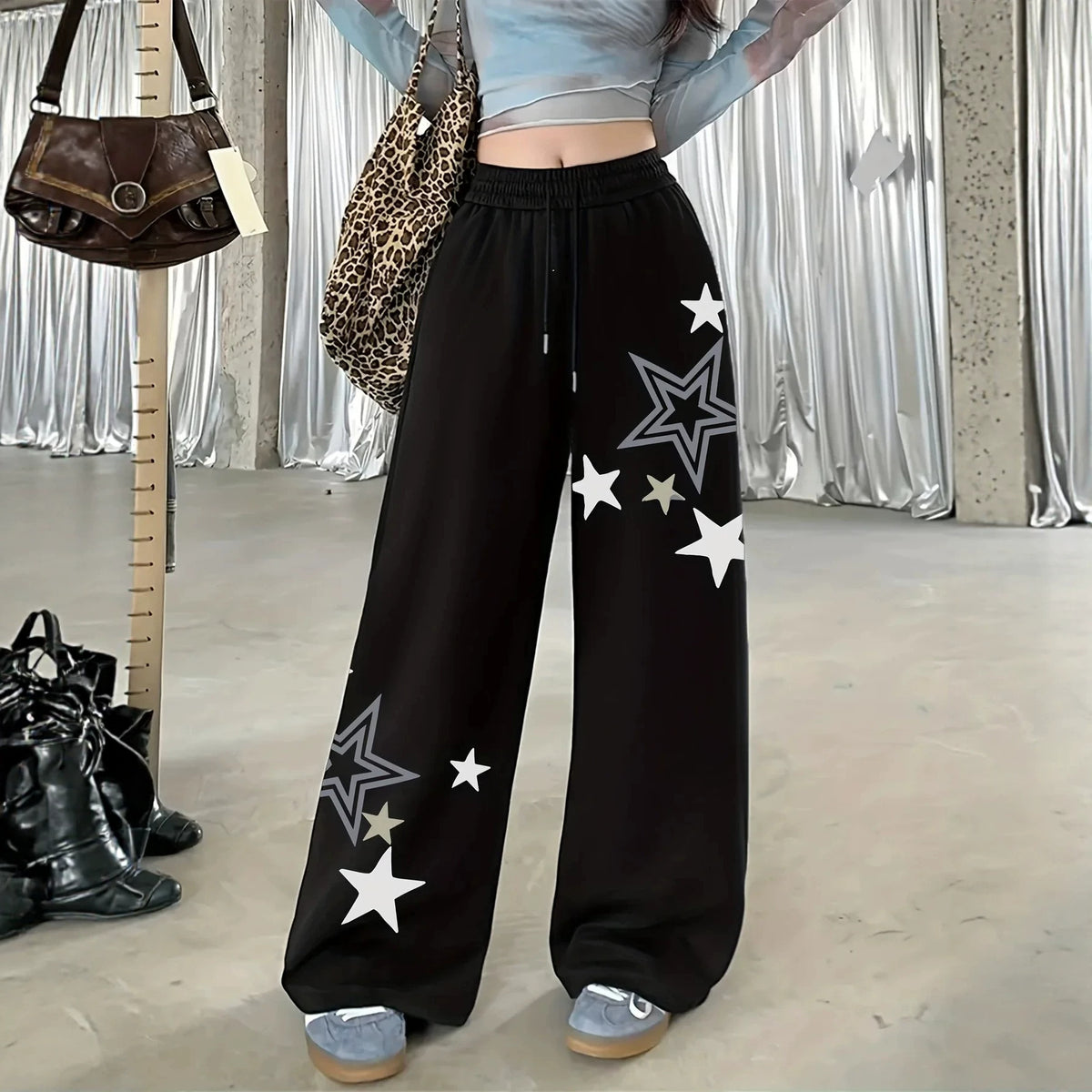 Dark Gothic Skull Print Loose Wide Leg Drawstring Sweatpants