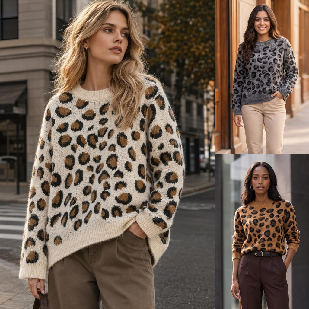 Leopard print round neck long sleeved sweater