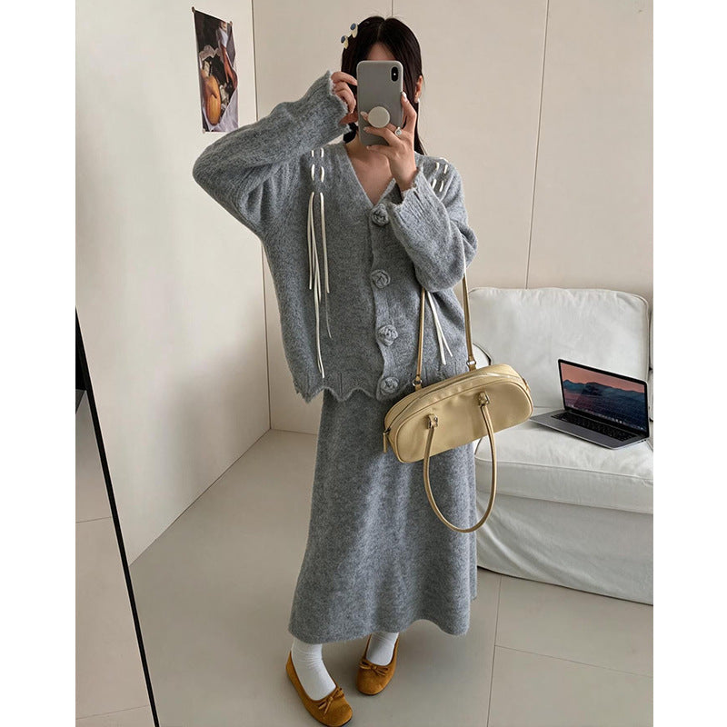 Flower sweater half skirt two-piece set