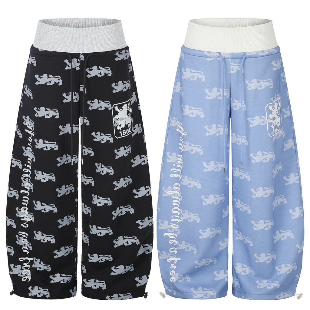 All-Over Print Letter Graphic Color-Block Waistband Drapey Wide Leg Sweatpants Unisex