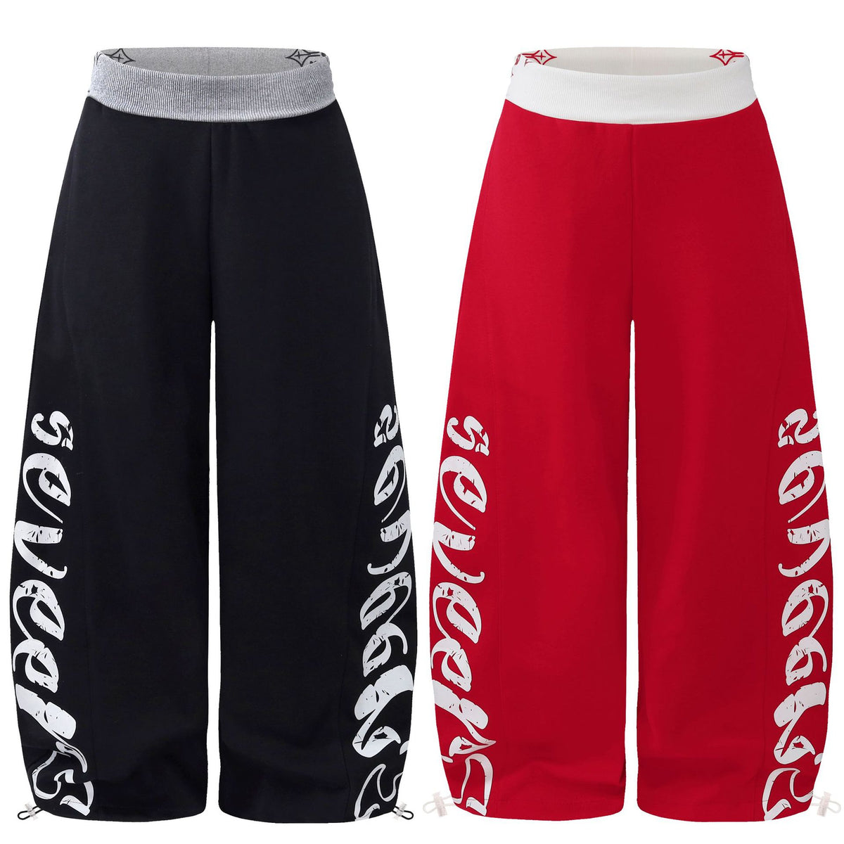 Wide Leg Sweatpants, Color Block Waistband Side Letter Print Loose Draped Casual Pants