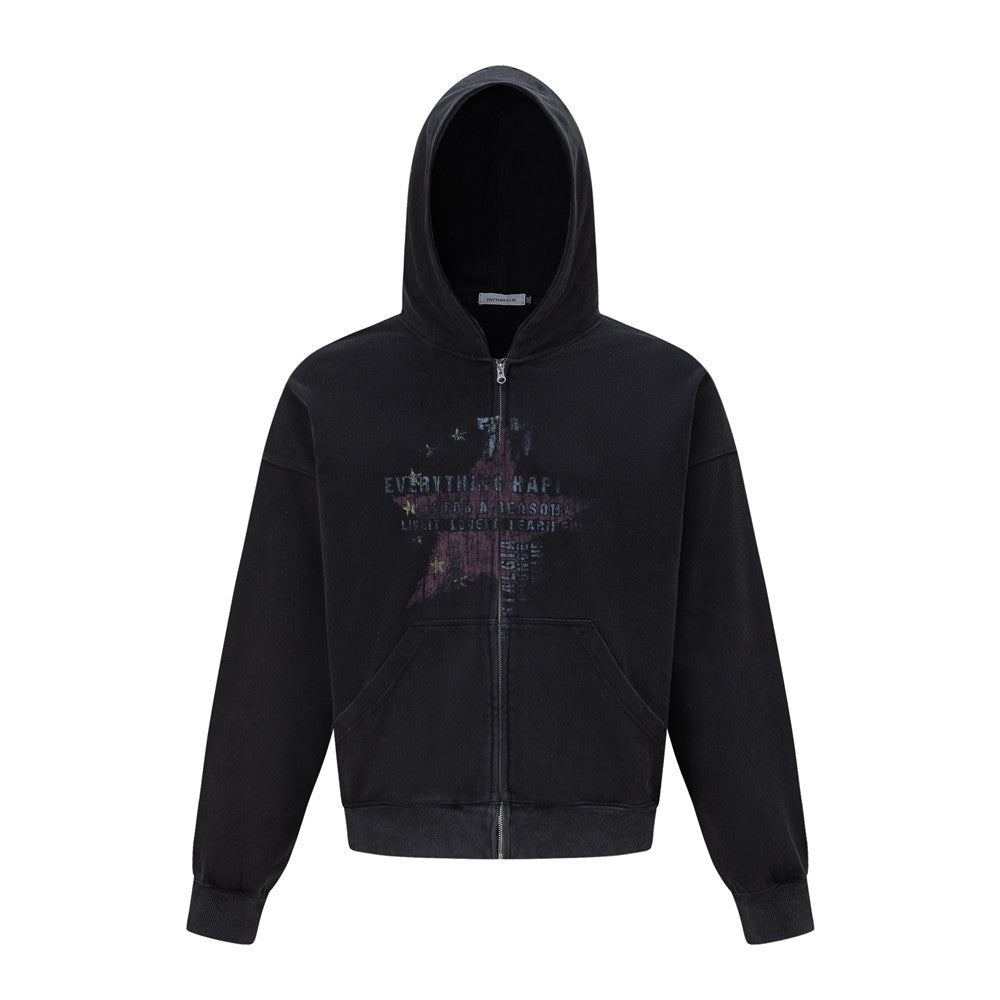 Five pointed star printed loose hooded cardigan sweatshirt