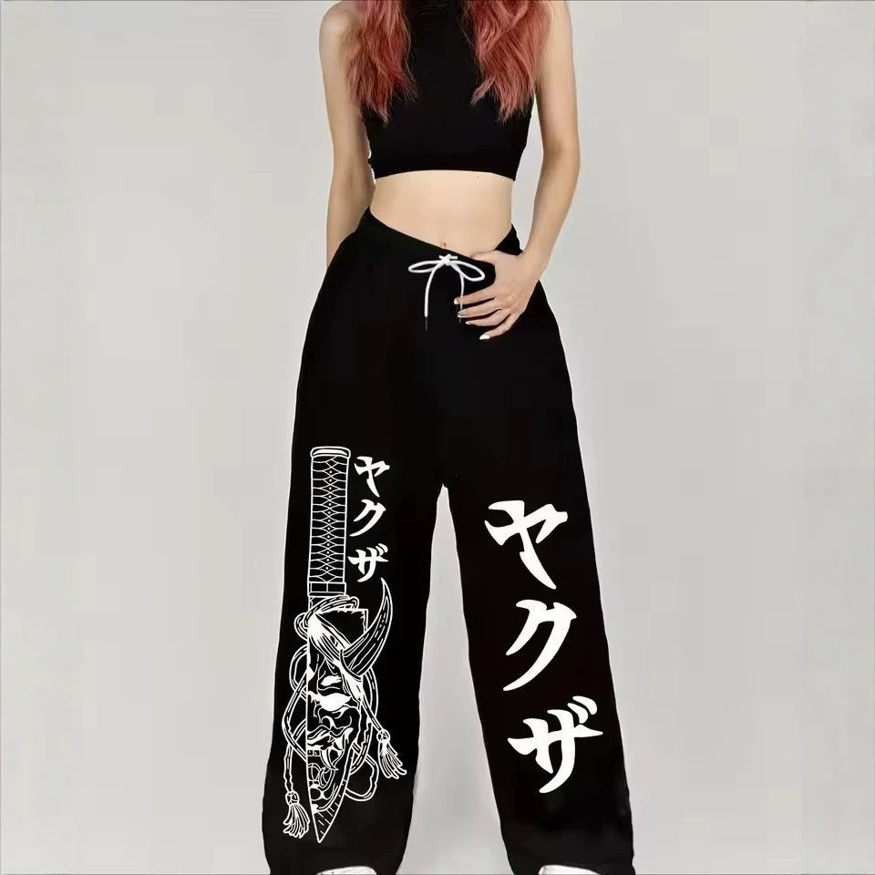 Dark Gothic Skull Print Loose Wide Leg Drawstring Sweatpants