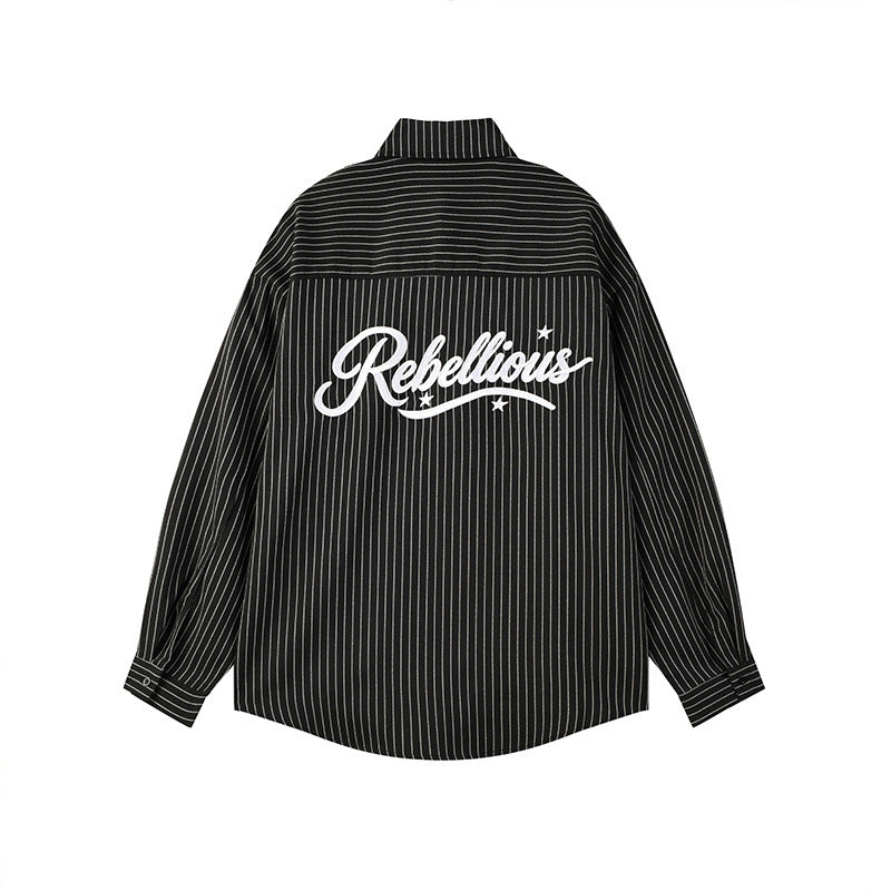 Vintage Casual Vertical Stripe Cursive Letter Embroidery Long Sleeve Turn-Down Collar Men's Shirt