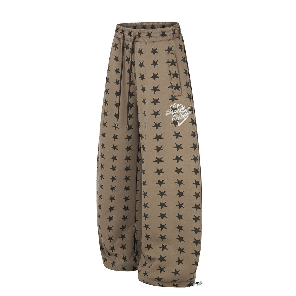 All-Over Star Print Wide Leg Curved Sweatpants Elastic Waist Drawstring Cuff Women's Long Pants