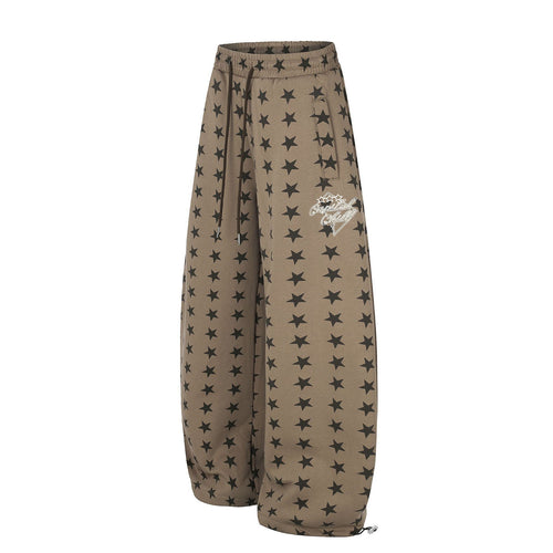 All-Over Star Print Wide Leg Curved Sweatpants Elastic Waist Drawstring Cuff Women's Long Pants