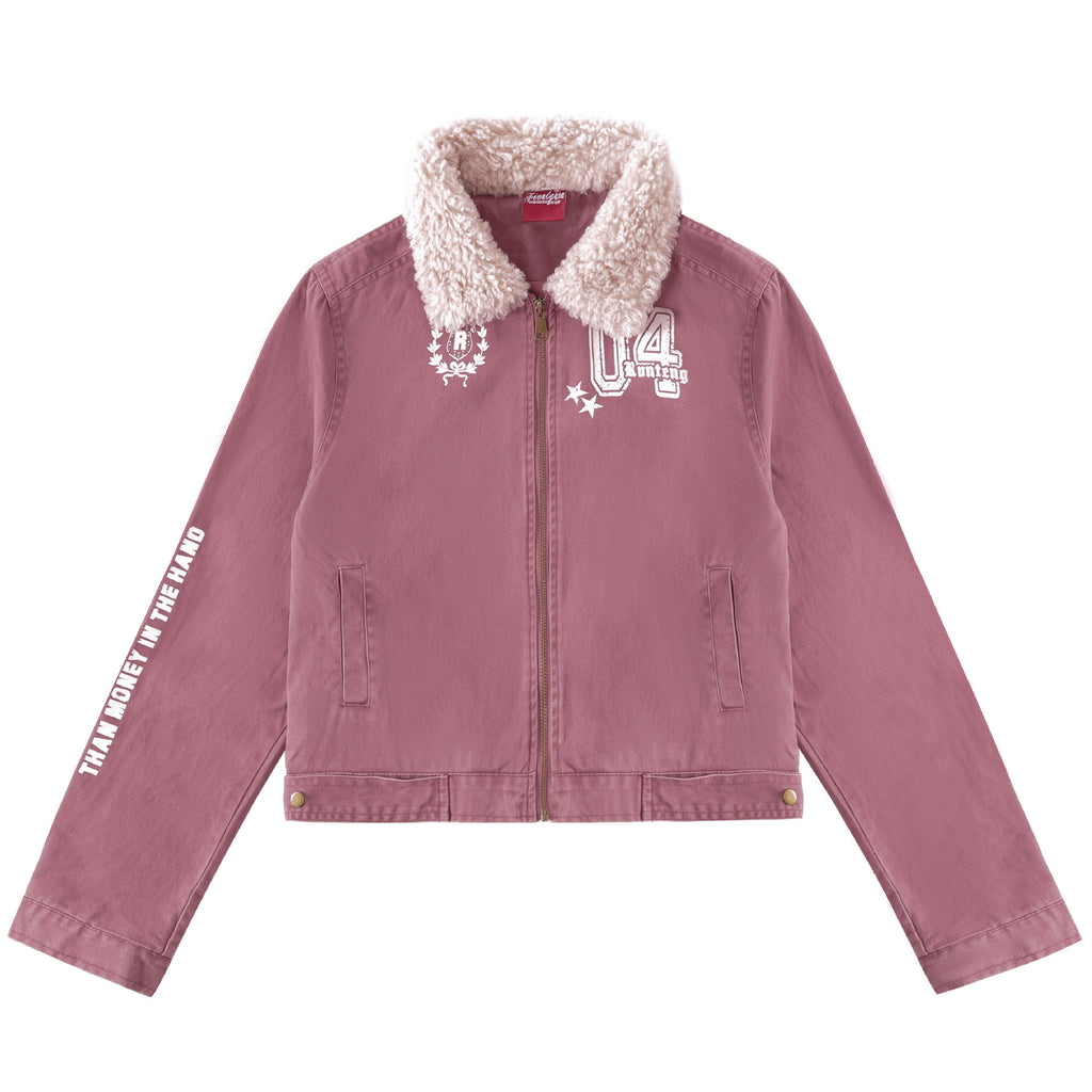 Women's Sherpa Distressed Print Turn-down Collar Short Moto Jacket
