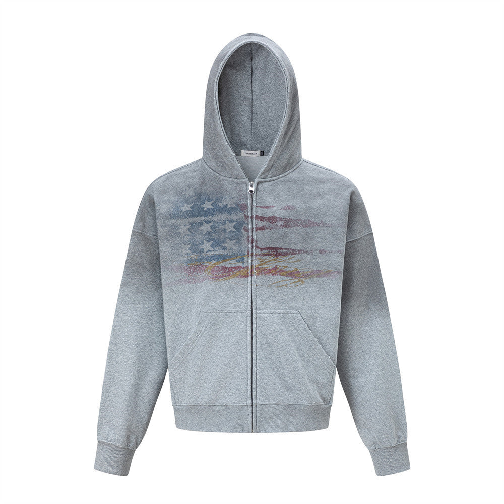 Spray painted dirty hooded cardigan sweatshirt