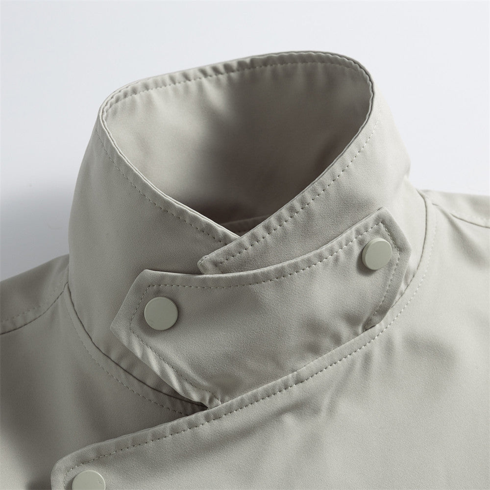 Clean Fit Casual Solid Color Diagonal Placket Stand Collar Loose Aviator Jacket