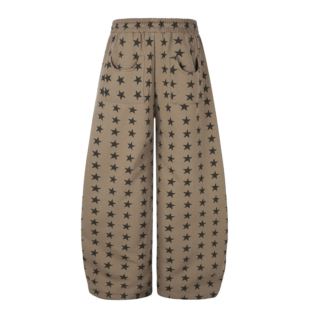 All-Over Star Print Wide Leg Curved Sweatpants Elastic Waist Drawstring Cuff Women's Long Pants