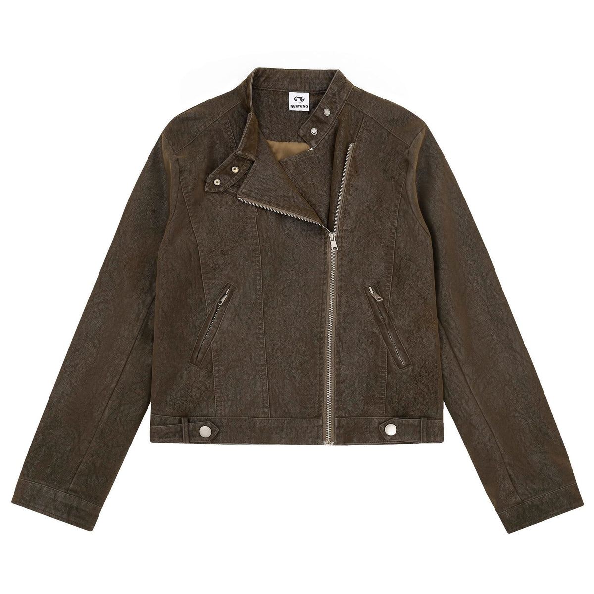 Distressed Texture Leather Jacket Diagonal Zipper Stand Collar Cropped Moto Jacket