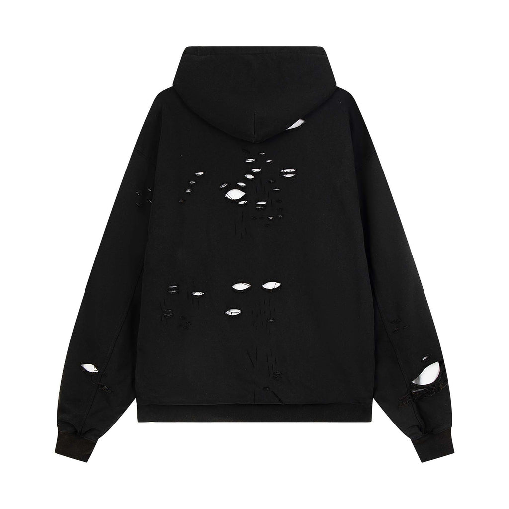 Washed Distressed Hole Letter Print Hoodie Unisex  Loose Casual Hip Hop Sweatshirt