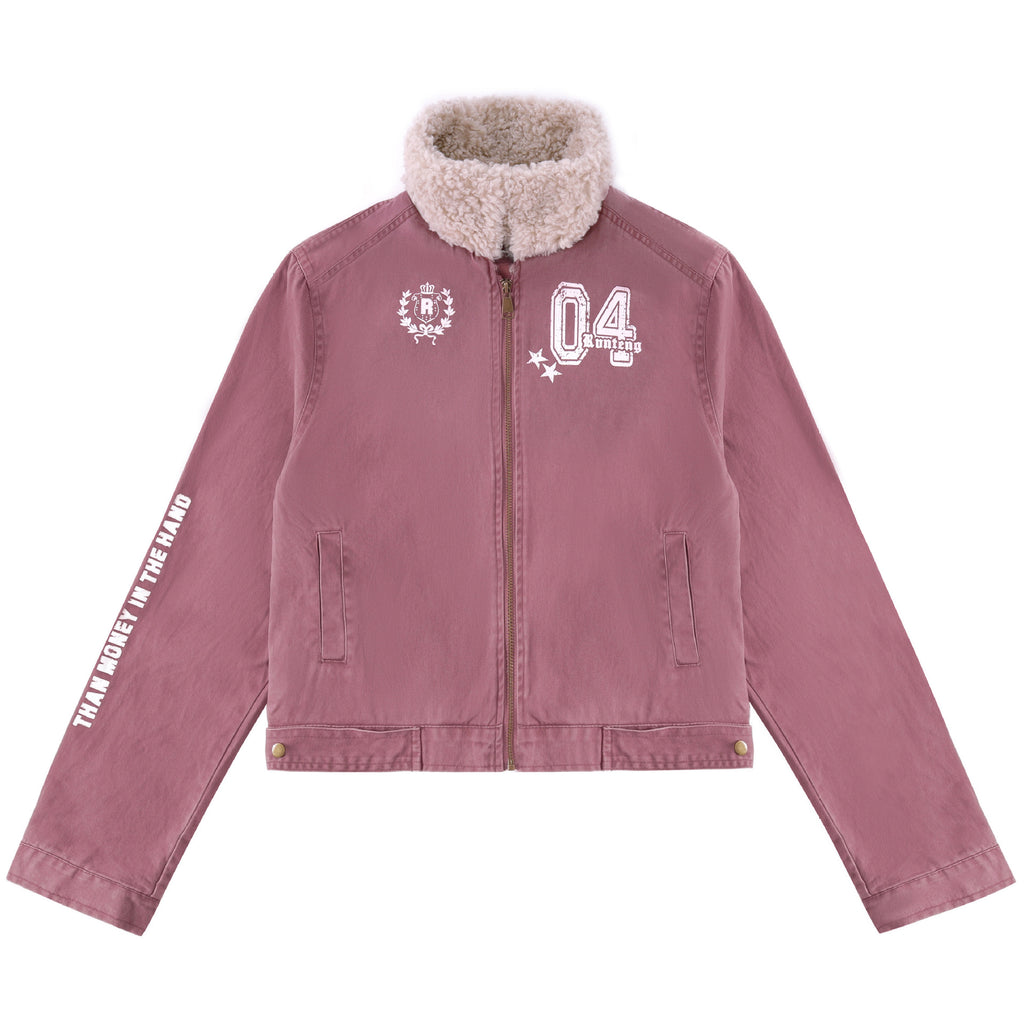 Women's Sherpa Distressed Print Turn-down Collar Short Moto Jacket