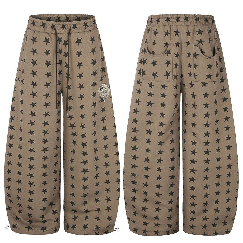 All-Over Star Print Wide Leg Curved Sweatpants Elastic Waist Drawstring Cuff Women's Long Pants