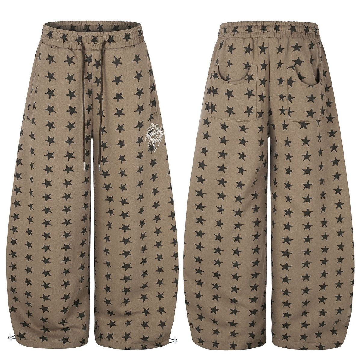 All-Over Star Print Wide Leg Curved Sweatpants Elastic Waist Drawstring Cuff Women's Long Pants