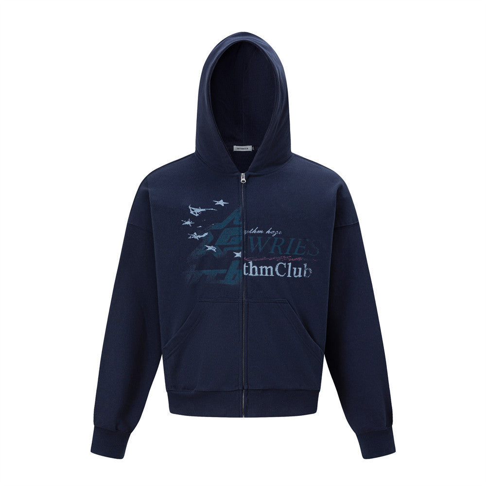 Star letter printed hooded cardigan sweatshirt