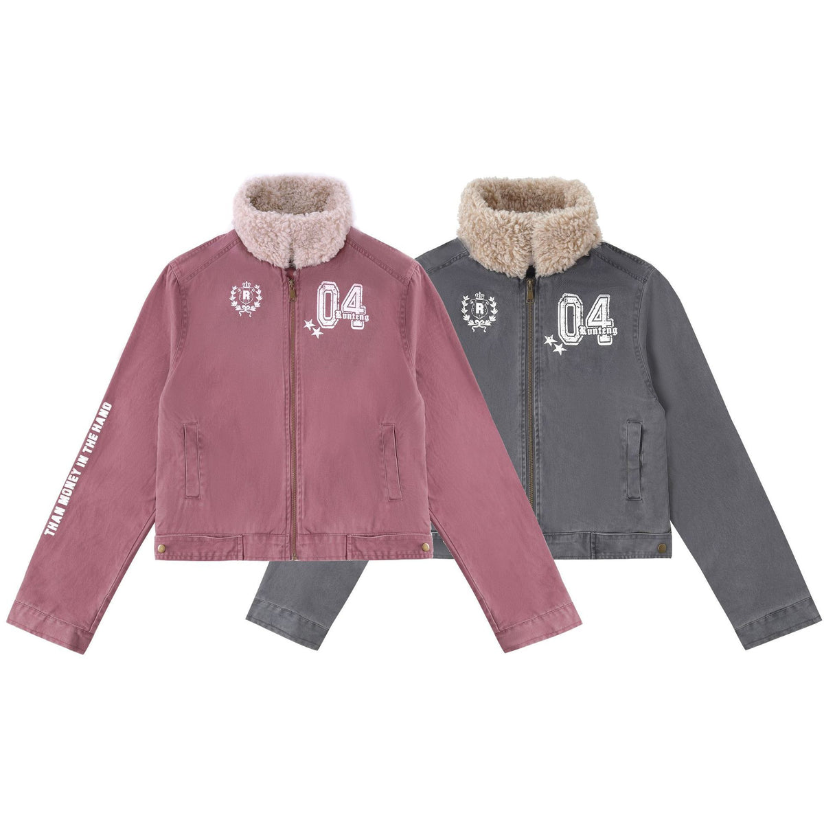 Women's Sherpa Distressed Print Turn-down Collar Short Moto Jacket