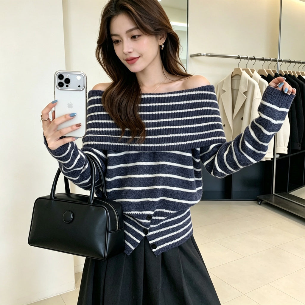 Single neck off shoulder striped sweater for women