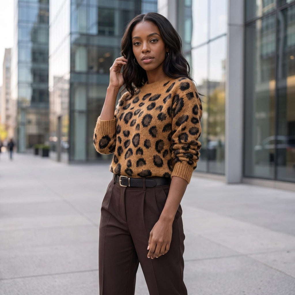 Leopard print round neck long sleeved sweater