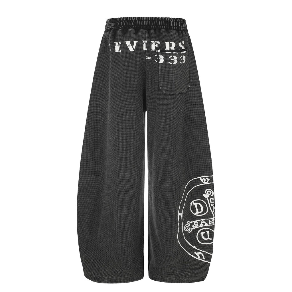 Washed Waffle Print Wide Leg Elastic Waist Drawstring Track Pants