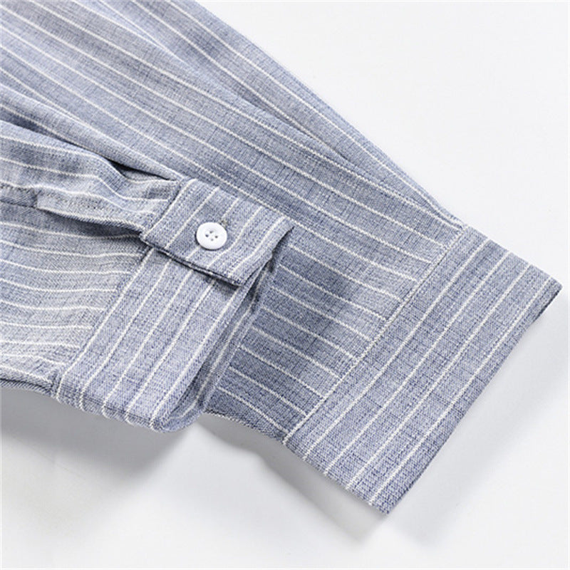 Vintage Casual Vertical Stripe Cursive Letter Embroidery Long Sleeve Turn-Down Collar Men's Shirt