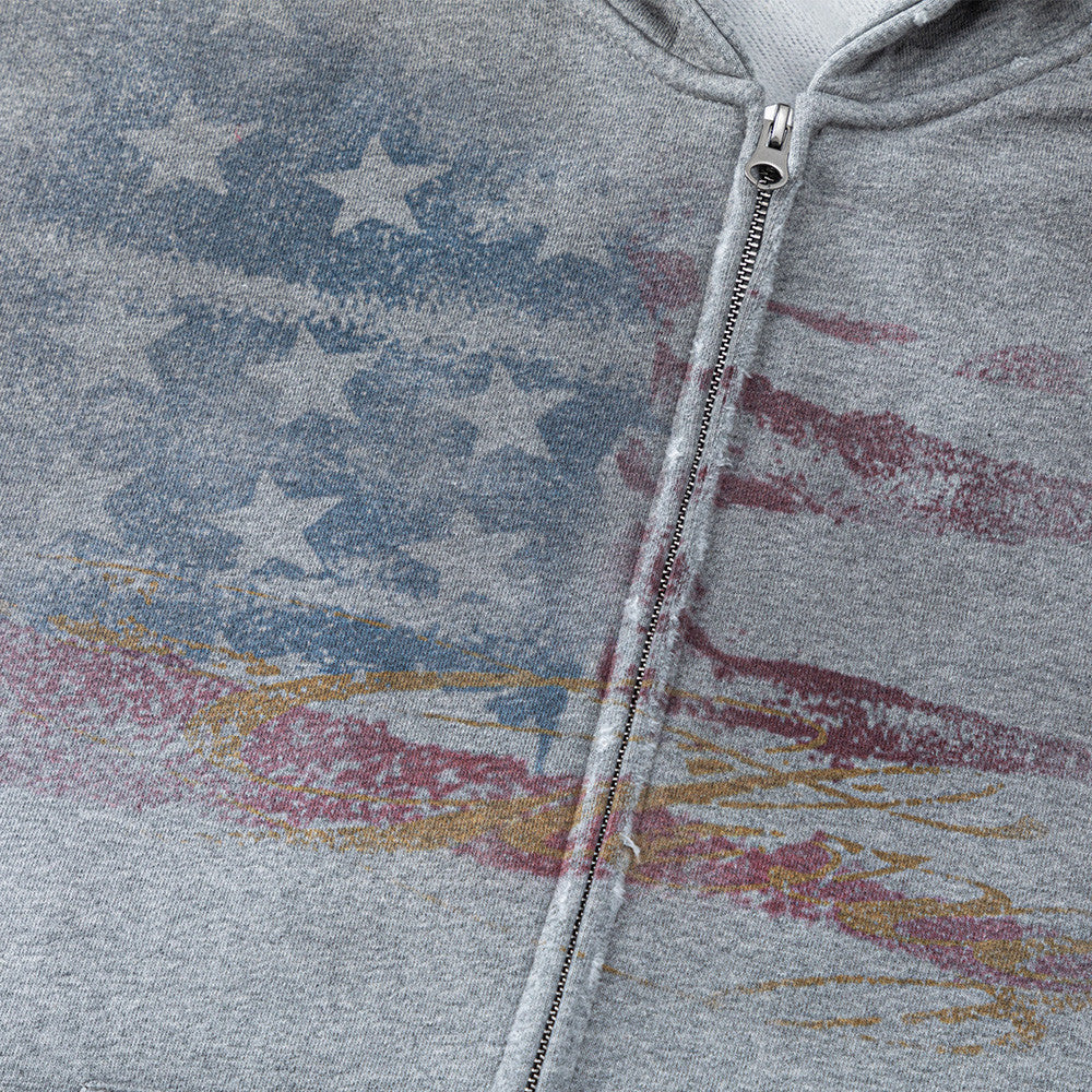 Spray painted dirty hooded cardigan sweatshirt