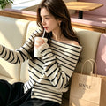 Single neck off shoulder striped sweater for women