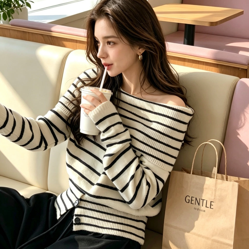 Single neck off shoulder striped sweater for women