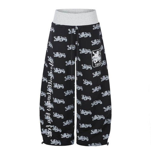 All-Over Print Letter Graphic Color-Block Waistband Drapey Wide Leg Sweatpants Unisex