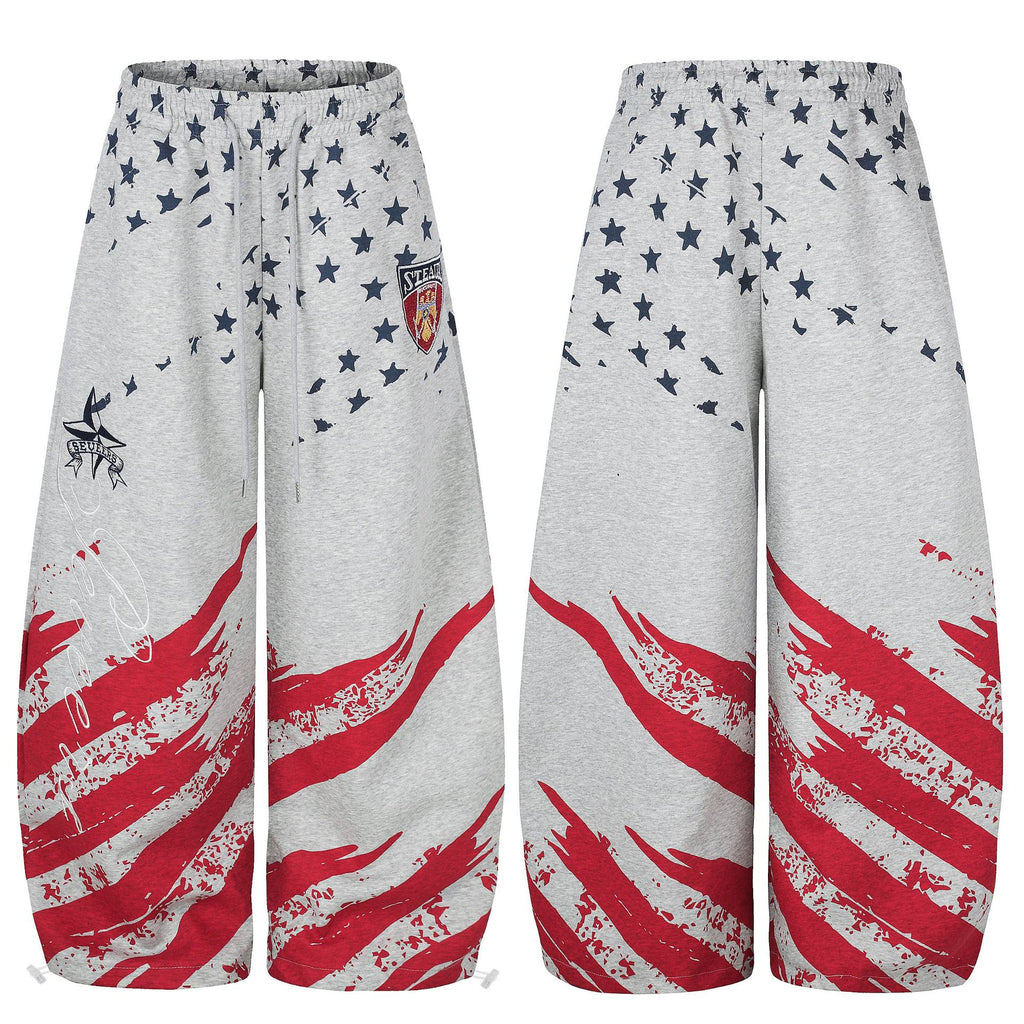 Flag All Over Print Carpenter Sweatpants with Badge Embroidery Drawstring Wide Leg Cuff Joggers
