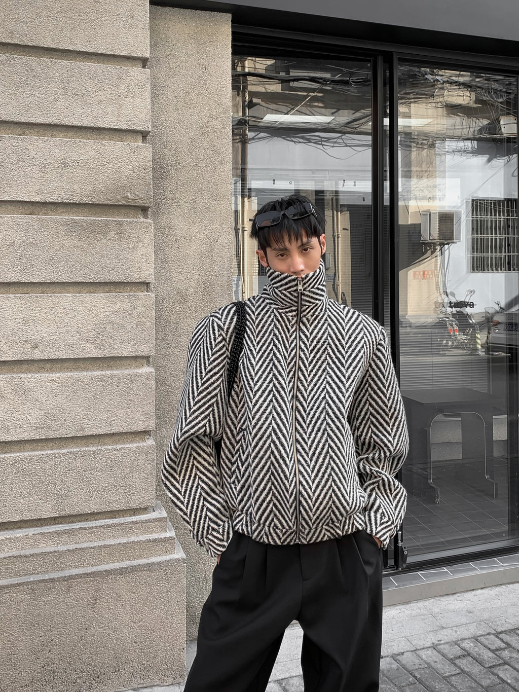 Mauroicardi Autumn Winter Warm Colorful Black and White Plaid Woolen Jacket Coat Men Zip Up Clothes Loose Casual Korean Fashion