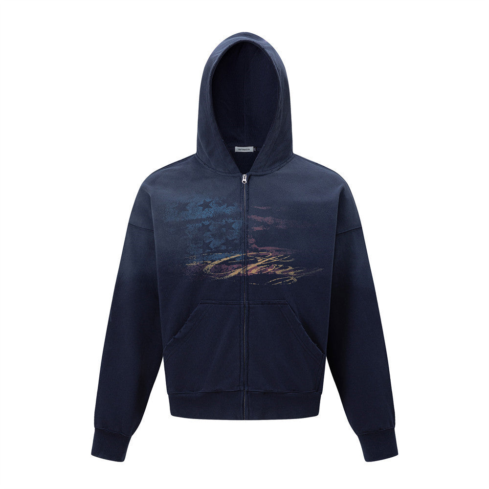 Spray painted dirty hooded cardigan sweatshirt