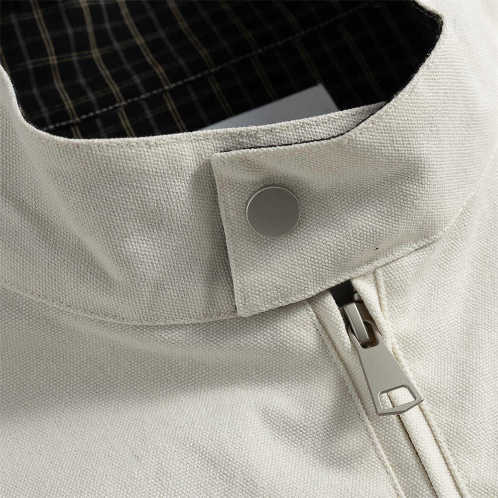 Men's Vintage Punk Plaid Cotton Zipper Stand Collar Workwear Jacket
