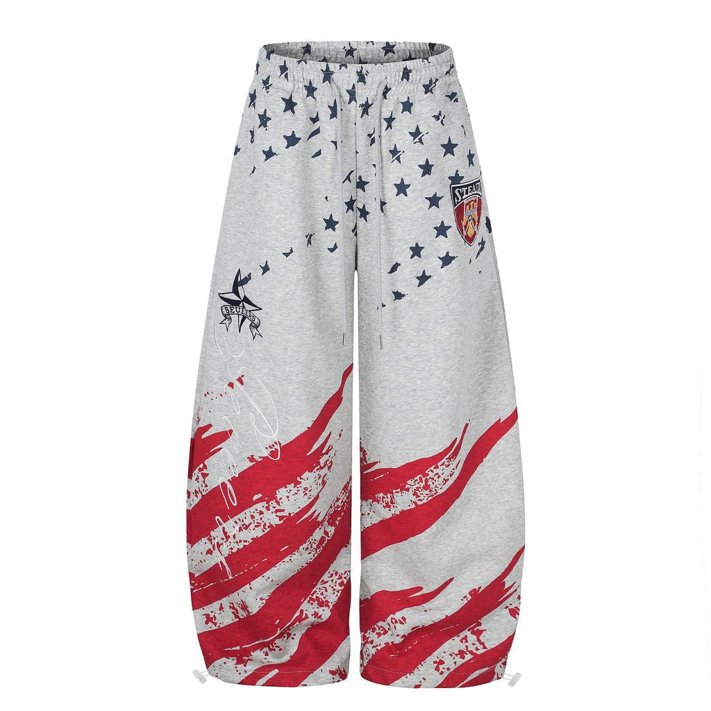 Flag All Over Print Carpenter Sweatpants with Badge Embroidery Drawstring Wide Leg Cuff Joggers