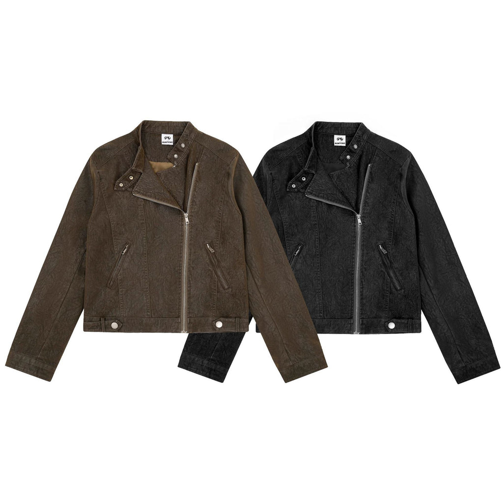 Distressed Texture Leather Jacket Diagonal Zipper Stand Collar Cropped Moto Jacket