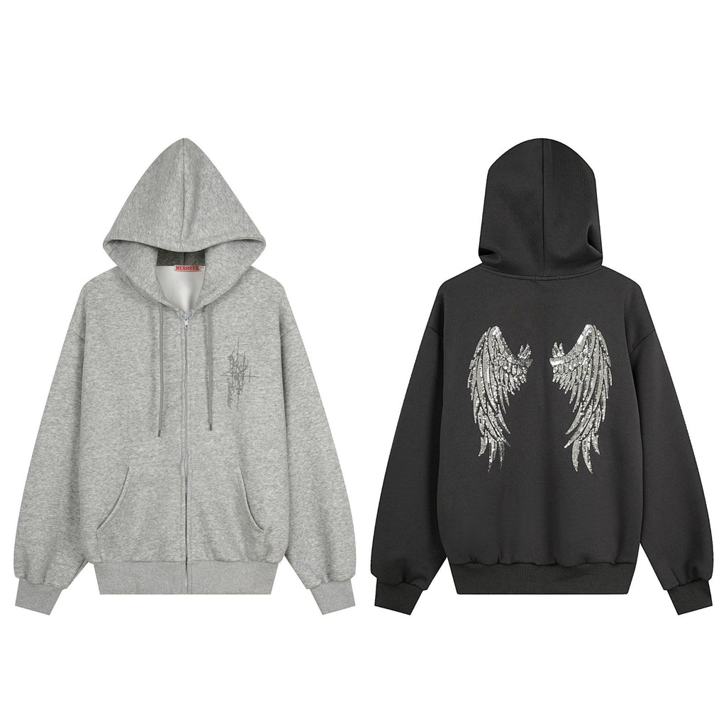 Graffiti Print Oversized Hooded Open Front Sweatshirt Jacket with Back Sequin Wings Unisex Casual