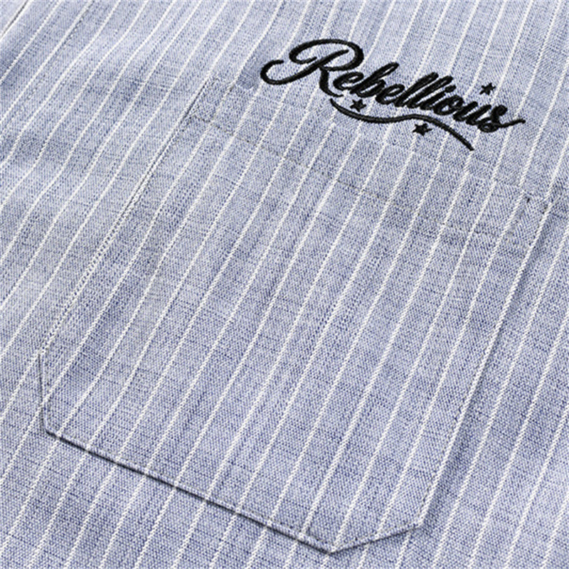 Vintage Casual Vertical Stripe Cursive Letter Embroidery Long Sleeve Turn-Down Collar Men's Shirt
