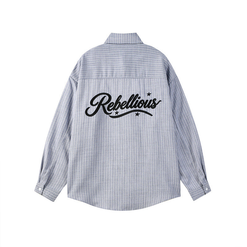 Vintage Casual Vertical Stripe Cursive Letter Embroidery Long Sleeve Turn-Down Collar Men's Shirt