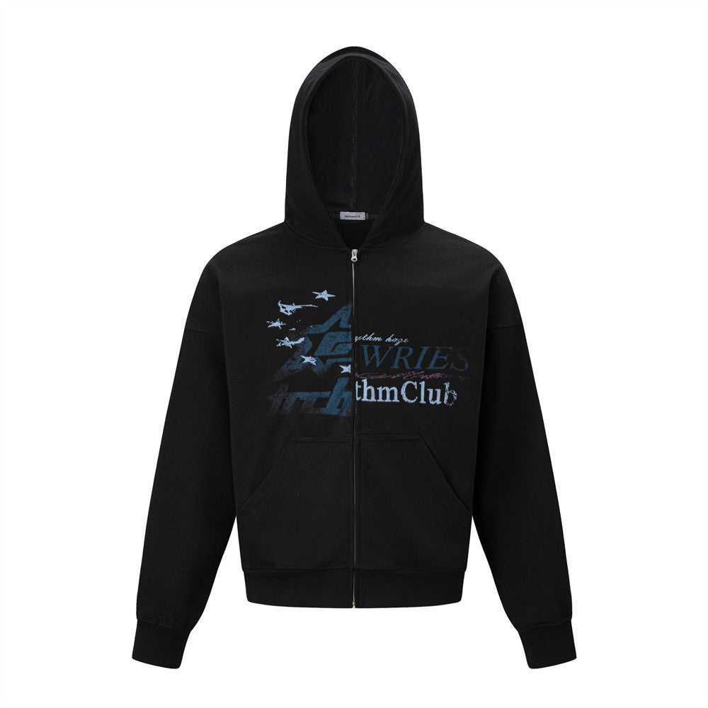 Star letter printed hooded cardigan sweatshirt