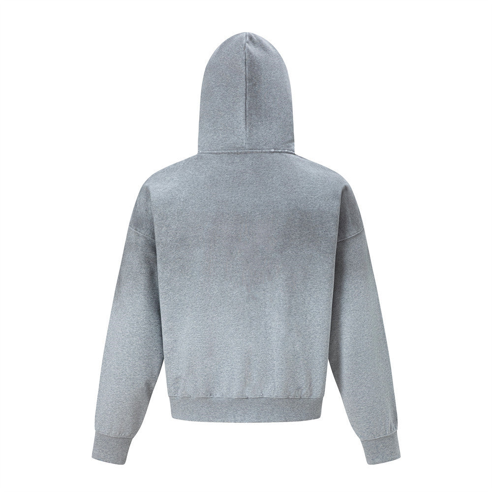 Spray painted dirty hooded cardigan sweatshirt