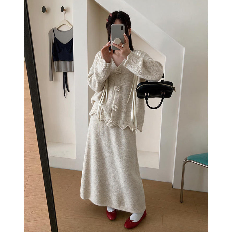 Flower sweater half skirt two-piece set