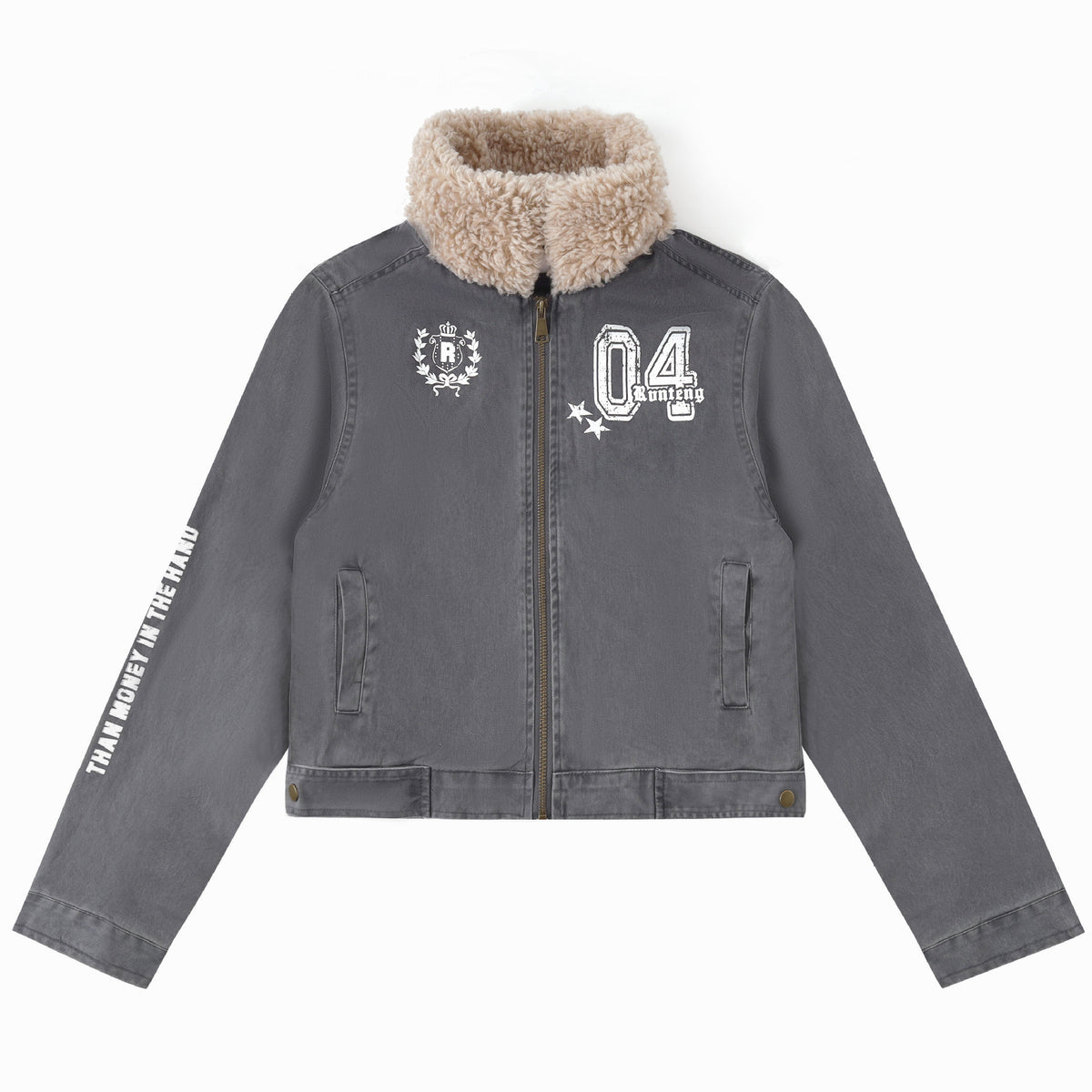 Women's Sherpa Distressed Print Turn-down Collar Short Moto Jacket