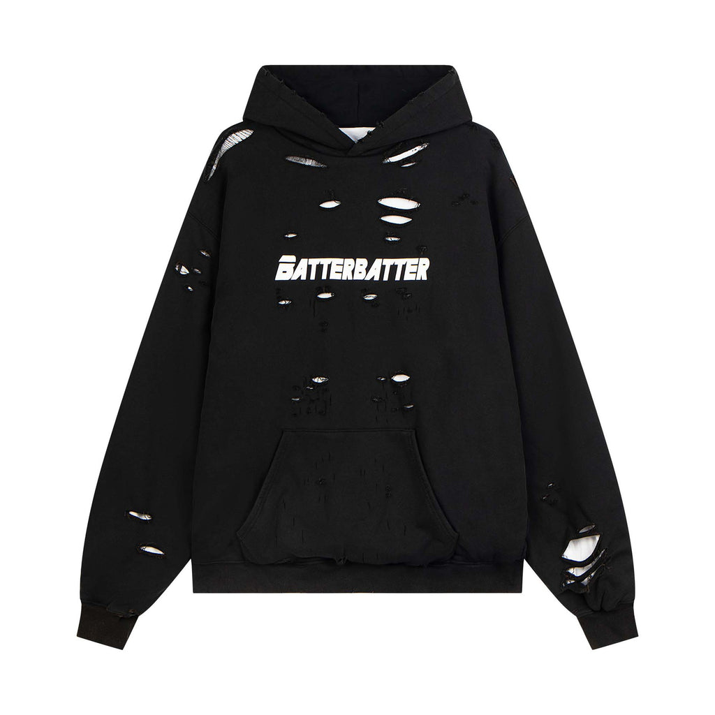 Washed Distressed Hole Letter Print Hoodie Unisex  Loose Casual Hip Hop Sweatshirt
