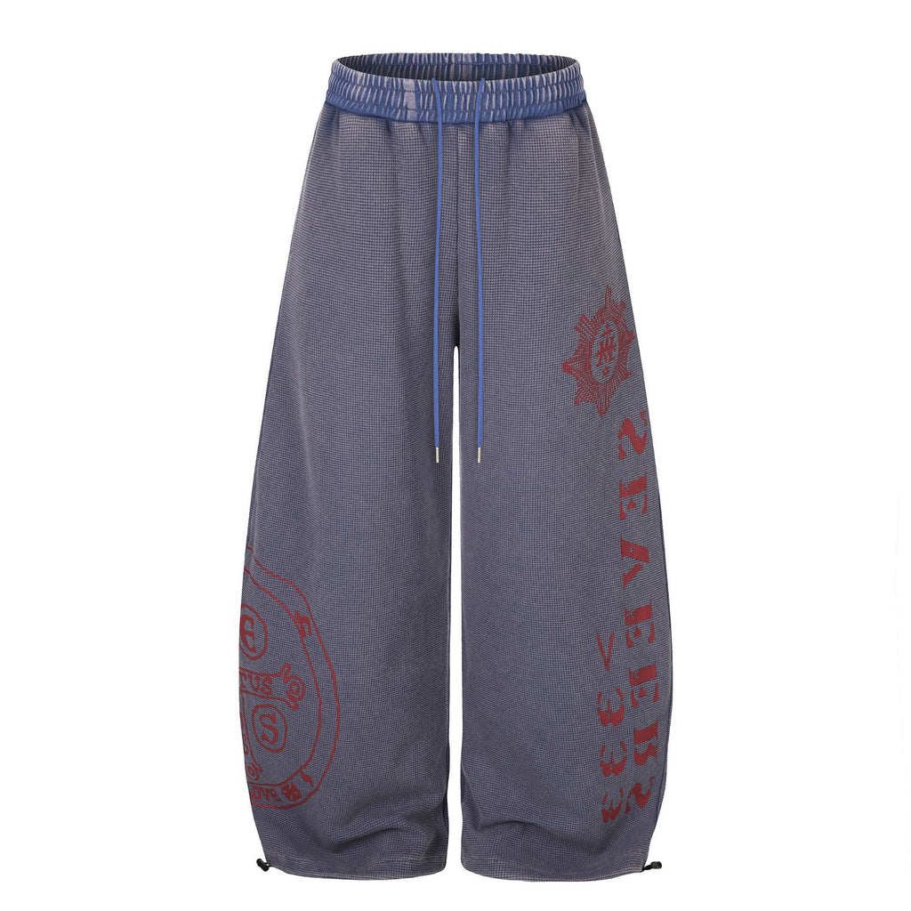 Washed Waffle Print Wide Leg Elastic Waist Drawstring Track Pants