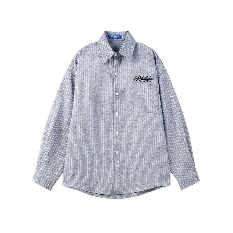 Vintage Casual Vertical Stripe Cursive Letter Embroidery Long Sleeve Turn-Down Collar Men's Shirt