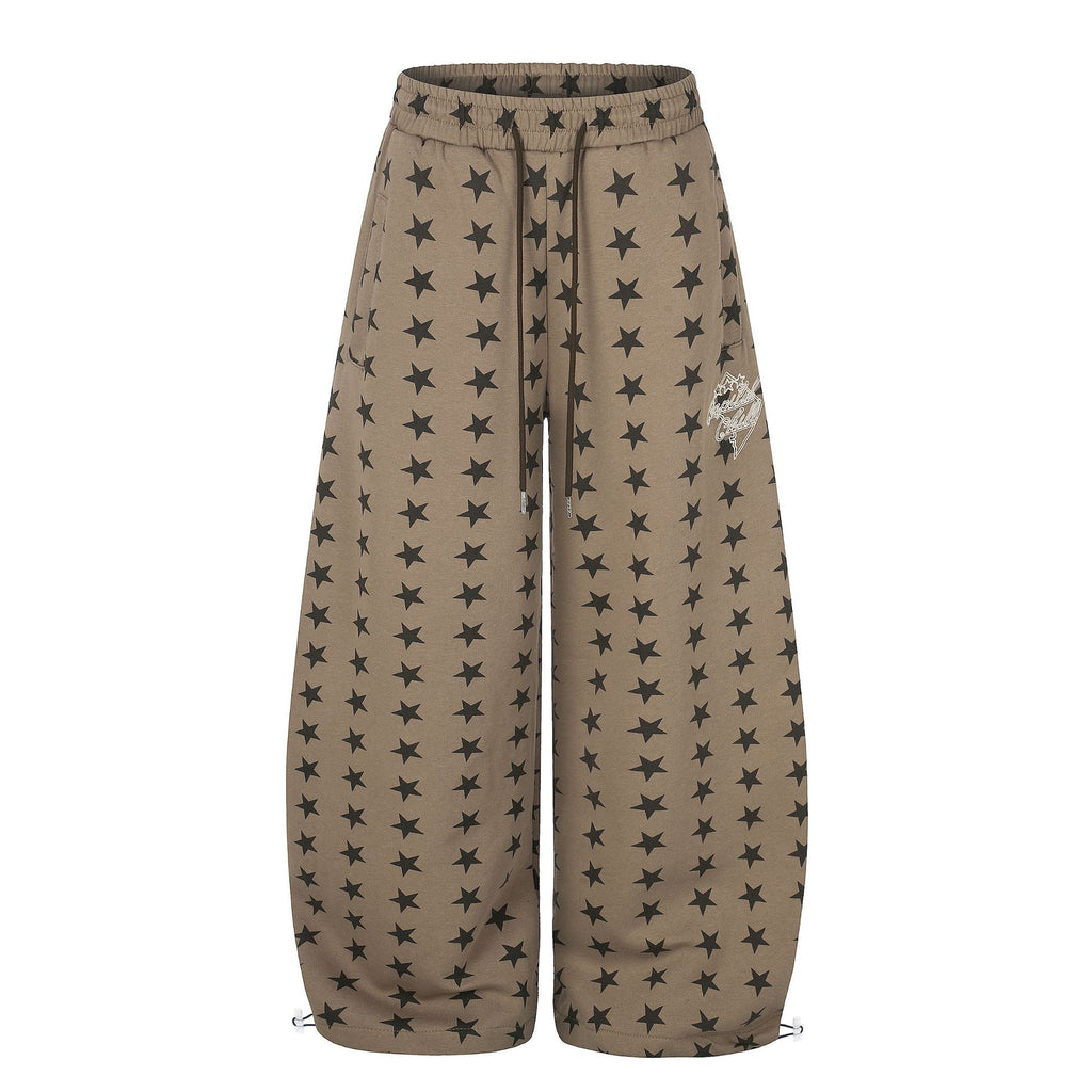 All-Over Star Print Wide Leg Curved Sweatpants Elastic Waist Drawstring Cuff Women's Long Pants