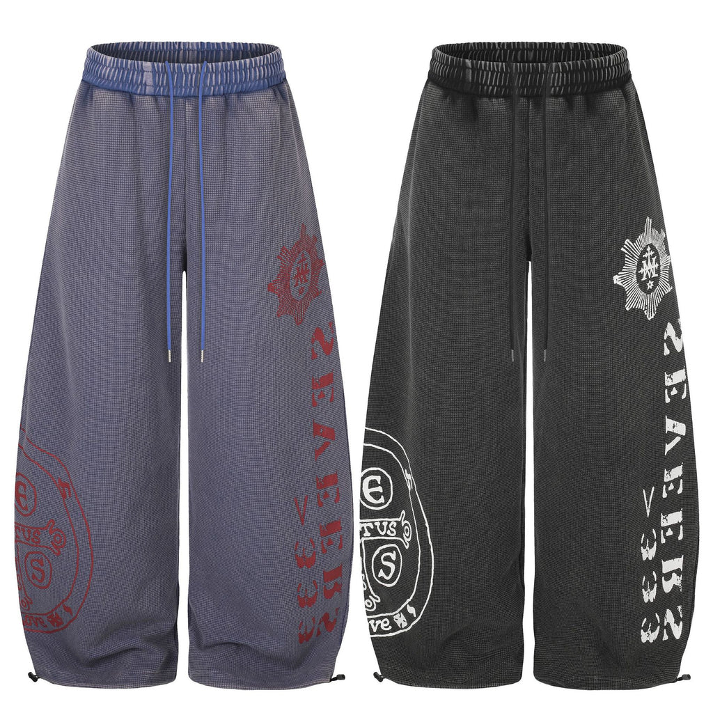 Washed Waffle Print Wide Leg Elastic Waist Drawstring Track Pants