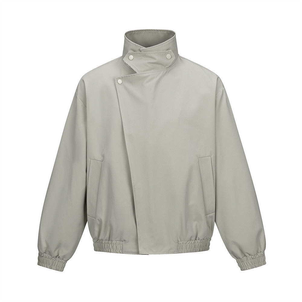 Clean Fit Casual Solid Color Diagonal Placket Stand Collar Loose Aviator Jacket