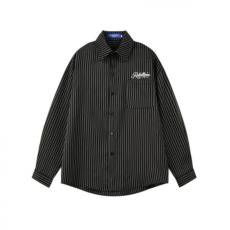 Vintage Casual Vertical Stripe Cursive Letter Embroidery Long Sleeve Turn-Down Collar Men's Shirt